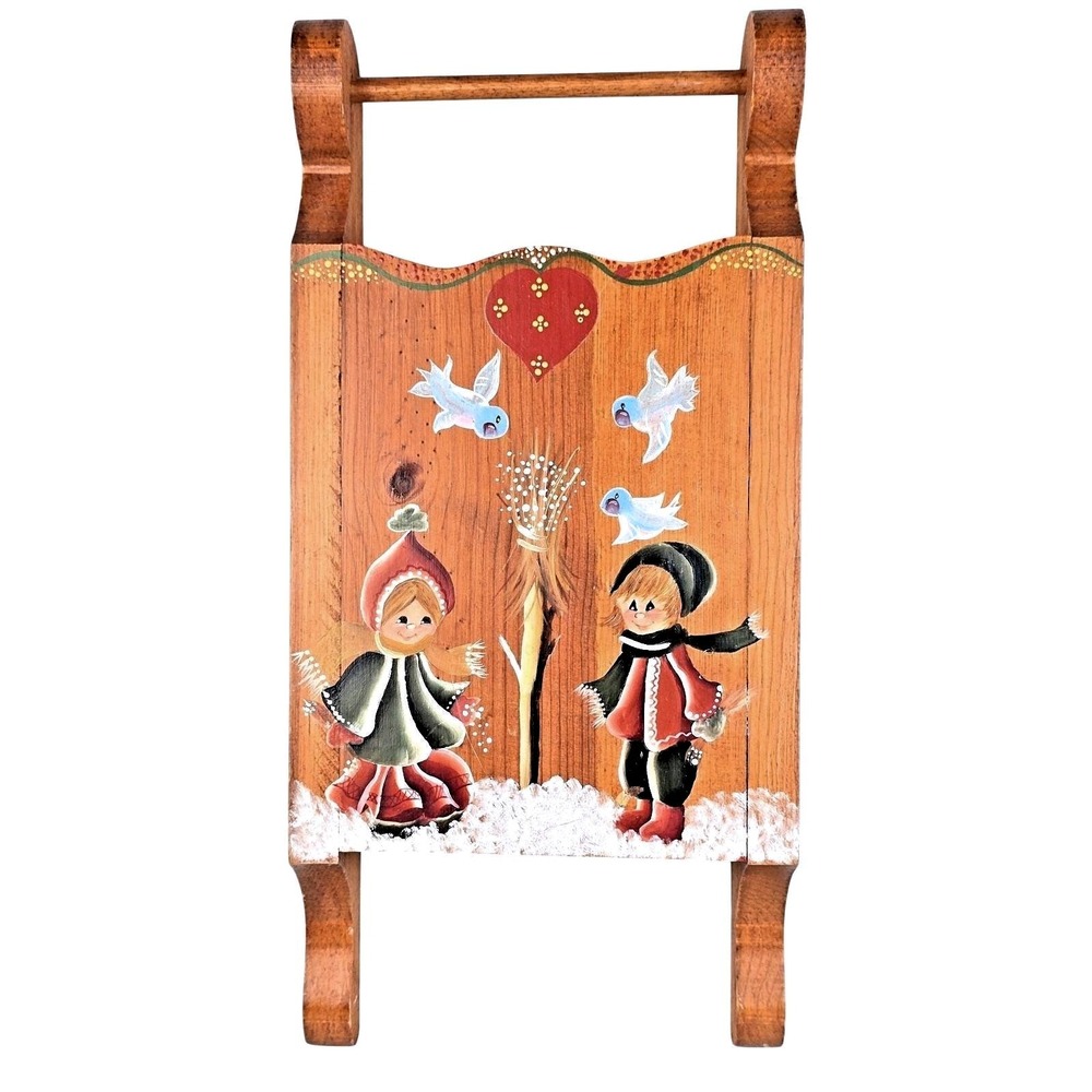 Vintage Scandinavian Folk Art Wood Sleigh Hand Painted Wall Decor 15.75 in Decor